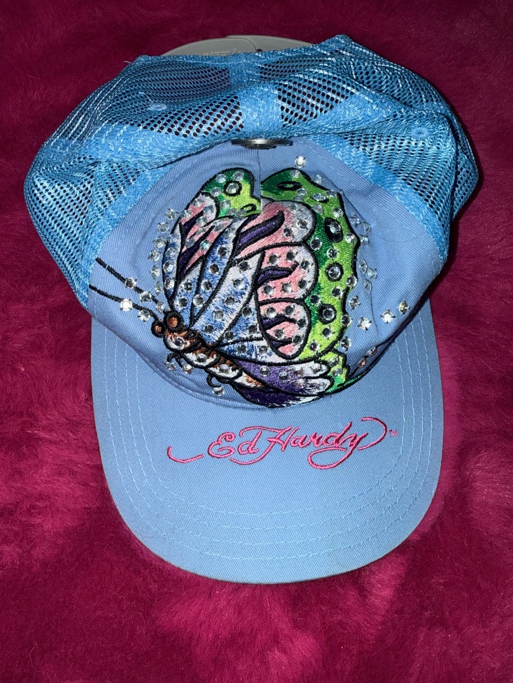 Vintage Ed Hardy Light Blue Butterfly Rhinestone Trucker Hat